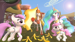 Size: 3840x2160 | Tagged: safe, artist:goatcanon, daybreaker, princess celestia, pony, a royal problem, g4, 3d, banana peel, cewestia, cute, cutelestia, female, filly, high res, laughing, lazytown, lens flare, levitation, magic, meme, multeity, pink-mane celestia, self ponidox, source filmmaker, telekinesis, tongue out, we are number one, young, younger