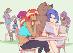 Size: 2362x1707 | Tagged: safe, artist:sundown, applejack, fluttershy, harry, pinkie pie, rainbow dash, rarity, sunset shimmer, bear, human, g4, breasts, busty sunset shimmer, chair, cigarette, clothes, converse, eyes closed, horn, horned humanization, humanized, shoes, shorts, sitting, smoke, smoking, table, winged humanization, wings