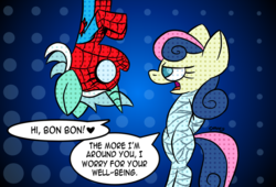 Size: 1115x760 | Tagged: safe, artist:snakeythingy, bon bon, lyra heartstrings, sweetie drops, earth pony, pony, unicorn, g4, benday dots, bon bon is not amused, bondage, cocoon, crossover, dialogue, heart, looking at each other, male, mummification, no regrets, spider web, spider-man, unamused, upside down