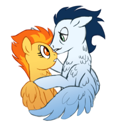 Size: 635x684 | Tagged: safe, artist:sinjaaussiaangels, soarin', spitfire, pony, g4, floppy ears, male, ship:soarinfire, shipping, simple background, straight