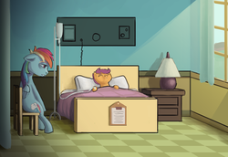 Size: 800x551 | Tagged: safe, artist:sa1ntmax, rainbow dash, scootaloo, pegasus, pony, tabun art-battle, g4, bed, blanket, eyes closed, female, floppy ears, hospital, mare, pillow, sick, tired