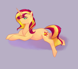 Size: 1024x911 | Tagged: safe, artist:vivianity, sunset shimmer, pony, unicorn, g4, female, prone, simple background, solo