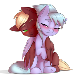 Size: 2400x2400 | Tagged: safe, artist:captainpudgemuffin, cloudchaser, oc, oc:neostrike, pony, g4, blushing, canon x oc, commission, female, high res, hug, male, neochaser, one eye closed, shipping, simple background, sitting, smiling, straight, winghug