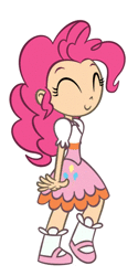 Size: 500x1000 | Tagged: safe, artist:chano-kun, pinkie pie, human, g4, animated, clothes, dress, eyes closed, female, happy, humanized, no sound, simple background, skipping, solo, walking, webm, white background