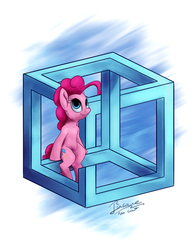 Size: 989x1287 | Tagged: safe, artist:insanerobocat, pinkie pie, earth pony, pony, g4, cube, female, impossible cube, impossible geometry, impossible object, mare, modern art, optical illusion, pinkie being pinkie, pinkie logic, sitting, smiling, solo
