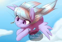 Size: 2400x1654 | Tagged: safe, artist:captainpudgemuffin, cloudchaser, pegasus, pony, g4, cloud, commission, cute, female, flying, frown, mare, rain, solo, speech bubble, spread wings, thought bubble, wings