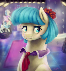 Size: 900x980 | Tagged: safe, artist:eternalsubscriber, coco pommel, earth pony, pony, g4, bust, female, ponyquin, portrait, smiling, solo