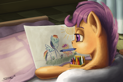 Size: 1200x800 | Tagged: safe, artist:sa1ntmax, rainbow dash, scootaloo, pegasus, pony, tabun art-battle, g4, bed, blanket, crayon, crayon drawing, drawing, female, filly, hospital, mouth hold, pillow, smiling, solo, tabun art-battle cover