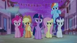Size: 1920x1080 | Tagged: safe, screencap, applejack, fluttershy, pinkie pie, rainbow dash, rarity, twilight sparkle, alicorn, pony, g4, to where and back again, animated, dream, evil mane six, female, five seconds or less, fog, mane six, no sound, our town, twilight sparkle (alicorn), webm, wind