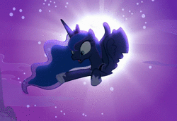 Size: 990x680 | Tagged: safe, screencap, princess luna, alicorn, changeling, pony, g4, to where and back again, animated, dream, dream walker luna, eyes closed, female, frown, glowing, kidnapped, leaning, mare, moon, no sound, open mouth, portal, pulling, solo, spread wings, struggling, talking, webm, wide eyes, wings