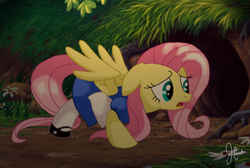 Size: 800x539 | Tagged: safe, artist:panda-jenn, fluttershy, pegasus, pony, g4, alice, alice in wonderland, clothes, cosplay, costume, crossover, disney, dress, female, mare, pinafore, rabbit hole, solo