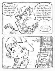 Size: 849x1100 | Tagged: safe, artist:circe, rarity, oc, oc:eaststern, anthro, comic:soreloser, g4, black and white, blushing, book, comic, female, grayscale, implied spanking, monochrome, traditional art