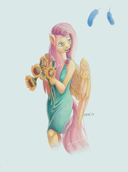 Size: 748x1000 | Tagged: safe, artist:chasingthesilverstag, fluttershy, anthro, g4, blue feather, clothes, dress, feather, female, flower, implied flutterdash, implied lesbian, implied shipping, simple background, solo