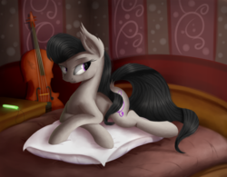 Size: 5000x3891 | Tagged: safe, artist:quefortia, octavia melody, earth pony, pony, g4, absurd resolution, bed, cello, ear fluff, female, glowstick, musical instrument, pillow, prone, solo