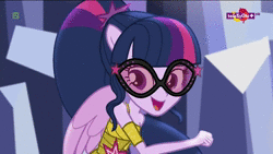 Size: 1920x1080 | Tagged: safe, screencap, sci-twi, twilight sparkle, dance magic, equestria girls, g4, spoiler:eqg specials, adorkable, animated, armpits, clothes, cute, dance magic (song), dancing, do the sparkle, dork, dress, female, looking at you, no sound, off shoulder, ponied up, reversed, sci-twilicorn, solo, spread wings, teletoon, twiabetes, webm, wings