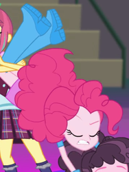Size: 1536x2048 | Tagged: safe, screencap, pinkie pie, sour sweet, equestria girls, friendship games, g4, boots, clothes, crystal prep academy uniform, eyes closed, high heel boots, school uniform, shoes, skirt