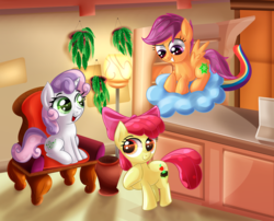 Size: 3100x2500 | Tagged: safe, artist:katakiuchi4u, apple bloom, scootaloo, sweetie belle, earth pony, pegasus, pony, unicorn, g4, alternate cutie mark, alternate universe, chair, cloud, commission, cute, cutie mark crusaders, fanfic art, female, filly, high res, smiling, trio