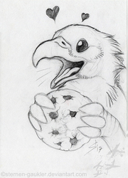 Size: 1000x1391 | Tagged: safe, artist:sternen-gaukler, oc, oc only, oc:der, griffon, cookie, food, happy, micro, realistic, solo, that griffon sure "der"s love cookies