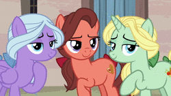 Size: 1920x1080 | Tagged: safe, screencap, dear darling, fond feather, swoon song, pegasus, pony, g4, hard to say anything, animated, bimbettes, laughing, laughingmares.jpg, no sound, one eye closed, waving, webm, wink