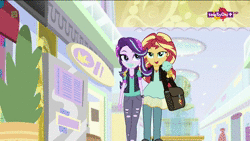 Size: 1920x1080 | Tagged: safe, screencap, starlight glimmer, sunset shimmer, equestria girls, equestria girls specials, g4, my little pony equestria girls: mirror magic, animated, bag, beanie, clothes, duo, eating, female, food, geode of empathy, hat, hug, ice cream, jacket, jewelry, leather jacket, lidded eyes, looking at each other, magical geodes, messy eating, necklace, no sound, pendant, ripped pants, teletoon, thick, vest, walking, watch, webm, wide hips, wristwatch