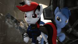Size: 2560x1440 | Tagged: safe, artist:redaceofspades, oc, oc only, oc:blackjack, oc:p-21, pony, unicorn, fallout equestria, fallout equestria: project horizons, 3d, duo, female, glowing horn, gun, horn, looking at you, magic, male, mare, serious, smiling, source filmmaker, stallion, weapon