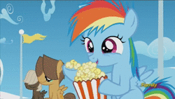 Size: 900x506 | Tagged: safe, screencap, dumbbell, hoops, rainbow dash, pony, g4, the cutie re-mark, animated, female, food, male, no sound, popcorn, webm, younger