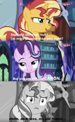 Size: 808x1312 | Tagged: safe, edit, edited edit, edited screencap, screencap, starlight glimmer, sunset shimmer, pony, unicorn, equestria girls, equestria girls specials, g4, mirror magic, canon, debate in the comments, duo, female, hello darkness my old friend, hilarious in hindsight, mare, op is a duck, op is trying to start shit, song reference, sunset vs starlight debate, teletoon, the sound of silence