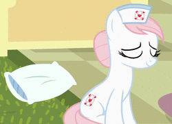 Size: 850x614 | Tagged: safe, screencap, nurse redheart, pony, a flurry of emotions, g4, animated, animation error, cute, faint, female, hatless, heartabetes, missing accessory, missing hat, no sound, pillow, ponyville hospital, solo, webm