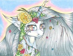 Size: 1600x1222 | Tagged: safe, artist:tillie-tmb, oc, oc only, oc:queen aeterna, pony, bust, female, flower, flower in hair, goddess, mare, plant, portrait, previous generation, solo, traditional art