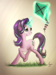 Size: 1500x1986 | Tagged: safe, artist:magfen, starlight glimmer, pony, unicorn, g4, female, glowing horn, grass, happy, horn, kite, kite flying, levitation, magic, mare, open mouth, signature, solo, telekinesis