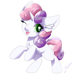 Size: 5000x5000 | Tagged: safe, artist:faline-art, sweetie belle, pony, unicorn, g4, absurd resolution, cute, diasweetes, ear fluff, female, filly, mare, one eye closed, simple background, smiling, solo, white background, wink