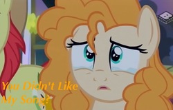 Size: 2396x1535 | Tagged: safe, edit, edited screencap, screencap, pear butter, g4, the perfect pear, bronybait, crying, dialogue, female, looking at you, mare, sad, solo focus, text