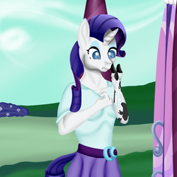 Size: 900x900 | Tagged: safe, artist:bevendre, rarity, cow, anthro, g4, clothes, equestria girls outfit, raricow, solo, species swap, transformation