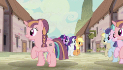 Size: 1258x720 | Tagged: safe, edit, screencap, applejack, bacon braids, blueberry frosting, flower flight, fluttershy, offbeat, pinkie pie, rainbow dash, rarity, twilight sparkle, alicorn, pony, g4, the cutie map, 60 fps, animated, equalized, female, in our town, interpolated, mane six, marching, mare, multeity, no sound, our town, perfect loop, twilight sparkle (alicorn), webm