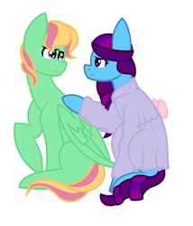 Size: 936x1096 | Tagged: safe, artist:calibykitty, oc, oc only, oc:diva nuit, oc:windflower, pony, clothes, couple, dress, female, husband and wife, male, multiple pregnancy, oc x oc, offspring, offspring shipping, parent:coloratura, parent:sunflower, parent:zephyr breeze, parents:canon x oc, parents:zephyrflower, pregnant, shipping, simple background, straight, white background, worried