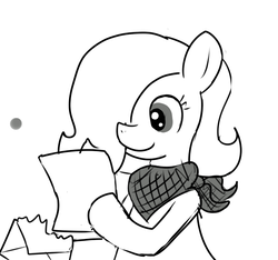 Size: 640x600 | Tagged: safe, artist:ficficponyfic, oc, oc only, oc:emerald jewel, earth pony, pony, colt quest, bandana, child, colt, cute, cyoa, femboy, foal, hair over one eye, letter, male, monochrome, reading, smiling, solo, story included