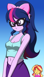 Size: 535x943 | Tagged: dead source, safe, artist:rosemile mulberry, sci-twi, sunset shimmer, twilight sparkle, equestria girls, g4, belly button, cat ears, clothes, cute, female, glasses, midriff, short shirt, skirt, sleeveless, tank top, twiabetes
