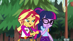 Size: 1280x720 | Tagged: safe, screencap, sci-twi, sunset shimmer, twilight sparkle, equestria girls, g4, my little pony equestria girls: legend of everfree, camp everfree outfits, clothes, duffle bag, fist, glasses, open mouth, shorts