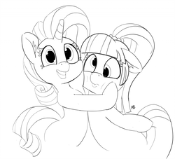 Size: 1280x1164 | Tagged: safe, artist:pabbley, rarity, sour sweet, earth pony, pony, unicorn, g4, 30 minute art challenge, cheek squish, cute, derp, ear fluff, equestria girls ponified, female, grayscale, grin, lineart, mare, monochrome, pabbley is trying to murder us, ponified, raribetes, smiling, squishy cheeks