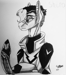 Size: 2577x2941 | Tagged: safe, artist:brainiac, oc, oc only, pony, clothes, crossover, ear fluff, grayscale, high res, monochrome, scar, shiro, solo, traditional art, voltron