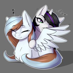 Size: 894x894 | Tagged: source needed, safe, artist:captainpudgemuffin, oc, oc:snow mist, oc:waffles, pegasus, pony, unicorn, assisted preening, commission, cute, duo, nibbling, ponyloaf, preening, simple background