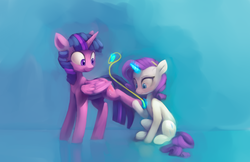 Size: 3541x2293 | Tagged: safe, artist:lilfunkman, rarity, twilight sparkle, alicorn, pony, unicorn, g4, dressmaking, duo, female, high res, lesbian, measuring tape, ship:rarilight, shipping, simple background, twilight sparkle (alicorn)