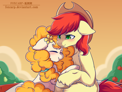 Size: 1024x768 | Tagged: dead source, safe, artist:foxcarp, bright mac, pear butter, earth pony, pony, g4, the perfect pear, applejack's parents, blushing, duo, duo male and female, female, flower, flower in hair, hug, husband and wife, male, mare, ship:brightbutter, shipping, stallion, straight