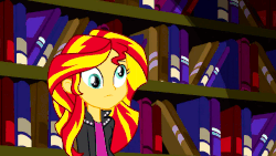 Size: 1920x1080 | Tagged: safe, artist:nixli2000, part of a set, sunset shimmer, equestria girls, g4, animated, book, bookshelf, derp, dizzy, eg groove, female, gif, library, part of a series, solo