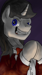 Size: 900x1600 | Tagged: safe, artist:stormc12, oc, oc only, oc:greyline, pony, unicorn, bowtie, bust, clothes, grin, hooves together, portrait, scheming, smiling, solo