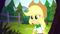 Size: 1920x1080 | Tagged: safe, artist:nixli2000, part of a set, applejack, equestria girls, g4, animated, day, derp, dizzy, eg groove, female, fence, forest, gif, mountain, part of a series, solo, tree, wobbling