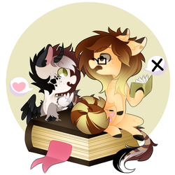 Size: 1024x1024 | Tagged: safe, artist:rachboo100, oc, oc only, oc:adilet, oc:katie, earth pony, hybrid, pony, book, bookworm, cute, earth pony oc, female, looking at each other, mare, reading, sitting