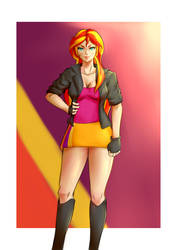 Size: 3507x4960 | Tagged: safe, artist:supernoob666666, sunset shimmer, equestria girls, g4, absurd resolution, boots, breasts, cleavage, clothes, female, fingerless gloves, gloves, hand on hip, human coloration, looking at you, shoes, skirt, smiling, solo