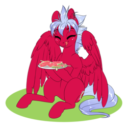 Size: 700x704 | Tagged: safe, artist:silkensaddle, oc, oc only, oc:melon frost, pegasus, pony, commission, ear piercing, eyes closed, female, food, freckles, mare, piercing, simple background, solo, tongue out, transparent background, watermelon