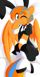 Size: 5000x9500 | Tagged: safe, artist:fullmetalpikmin, oc, oc only, oc:cold front, pegasus, pony, absurd resolution, bed, body pillow, body pillow design, bunny ears, clothes, crossdressing, dress, frills, looking at you, maid, male, necktie, on bed, one eye closed, solo, stallion, stockings, thigh highs, wink